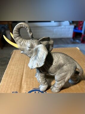 Vintage Ceramic Gray Elephant Figurine with Yellow Tusks - Decorative Home Art